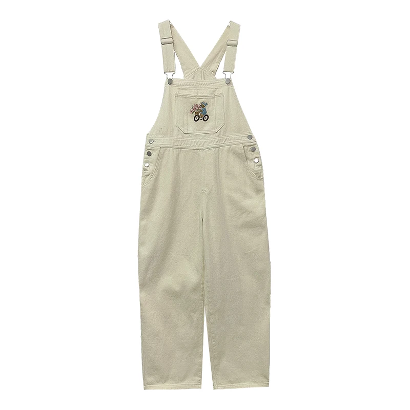 Women Bear Embroidery Denim Cargo Jumpsuit Spring High Waist Loose Wide Leg Jeans Korean Style Female Casual Straight Overalls