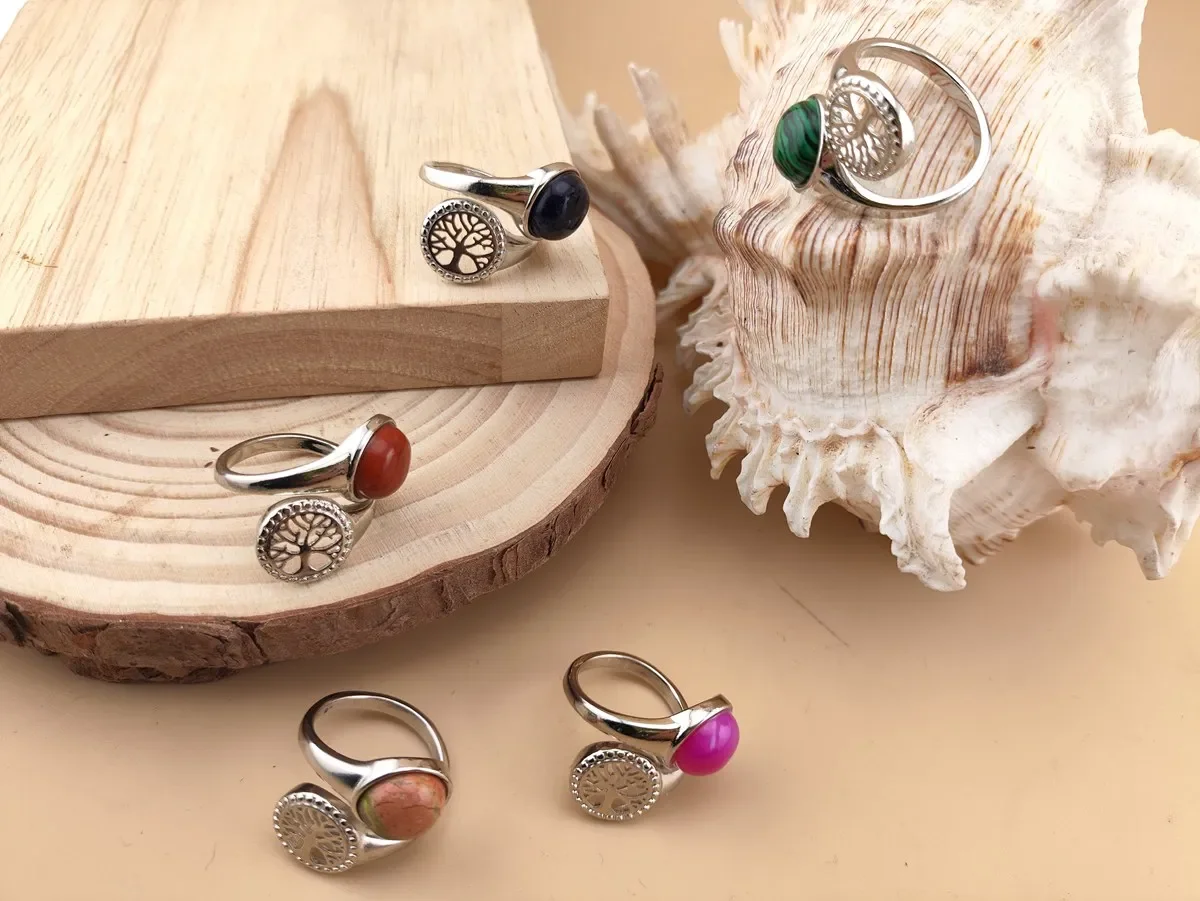 Nuovo Design anello in pietra naturale pianta argento albero cavo gioielli moda impermeabili da donna accessori regalo quarzo rosa ametista