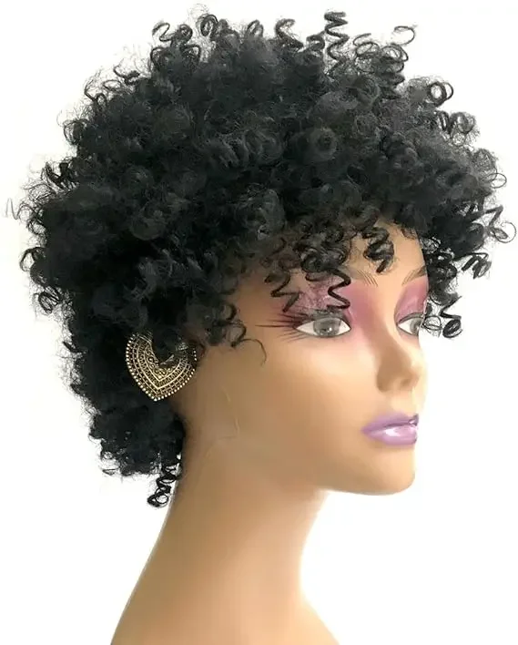 Pelo Corto rizado negro, peluca sintética de fibra resistente al calor, pelo corto africano, cabeza explosiva, adecuado para mujeres negras