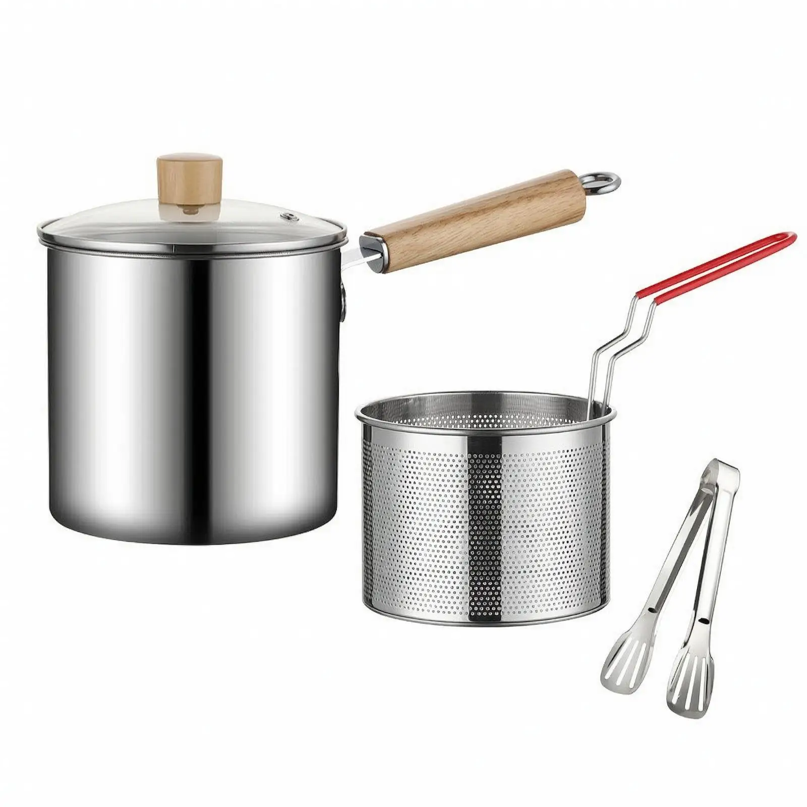 Compact Stainless Steel Deep Fryer with Wood Handle and Glass Lid for Boiling Searing Frying