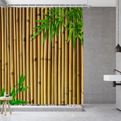 1PC, green bamboo wall, modern home bathroom waterproof shower curtain, with 12 plastic hooks, 71in*71in