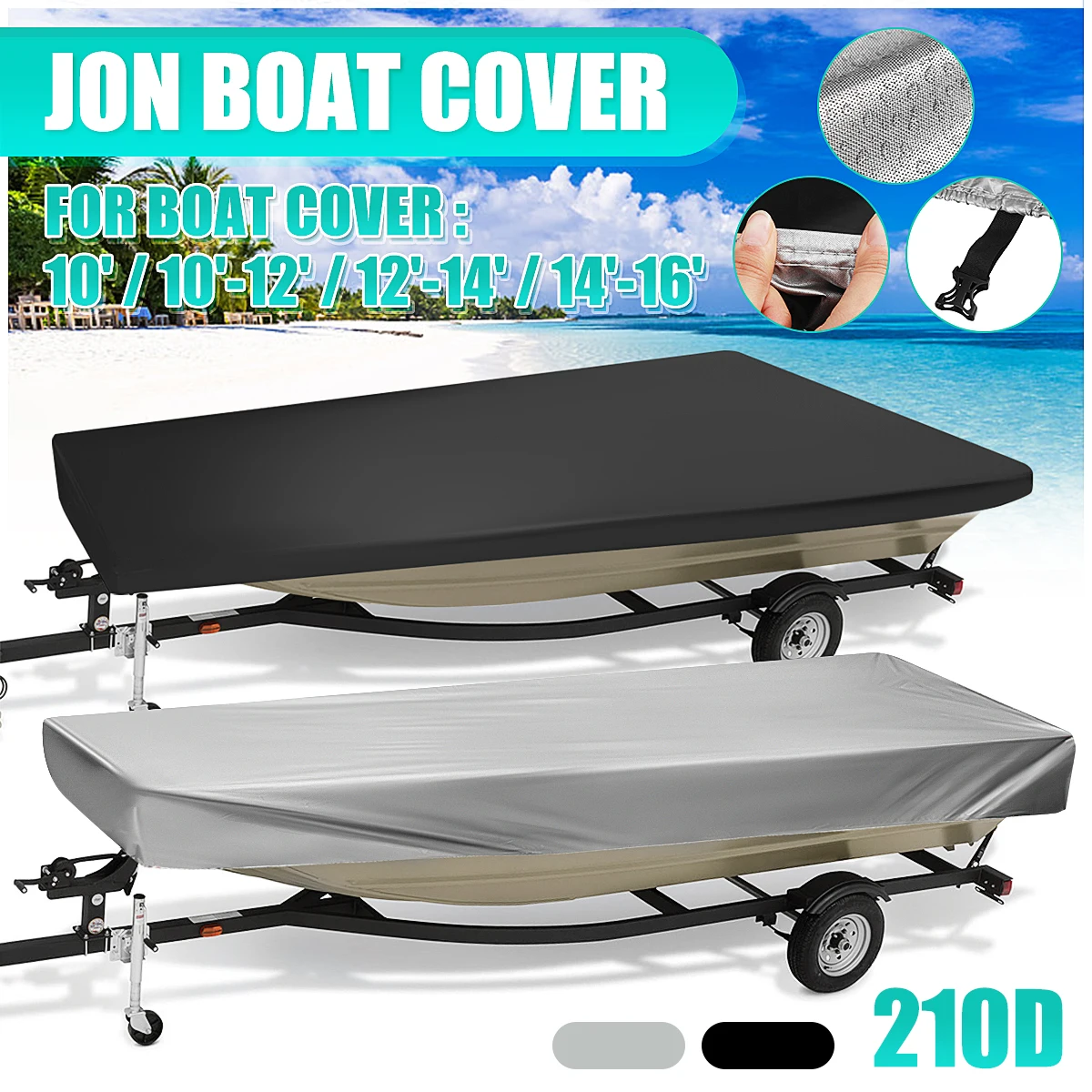 210D Trailerable Jon Boat Cover Heavy Duty Open Boat Cover Fishing Ski Waterproof Sunproof Anti UV V-Hull Boat Cover