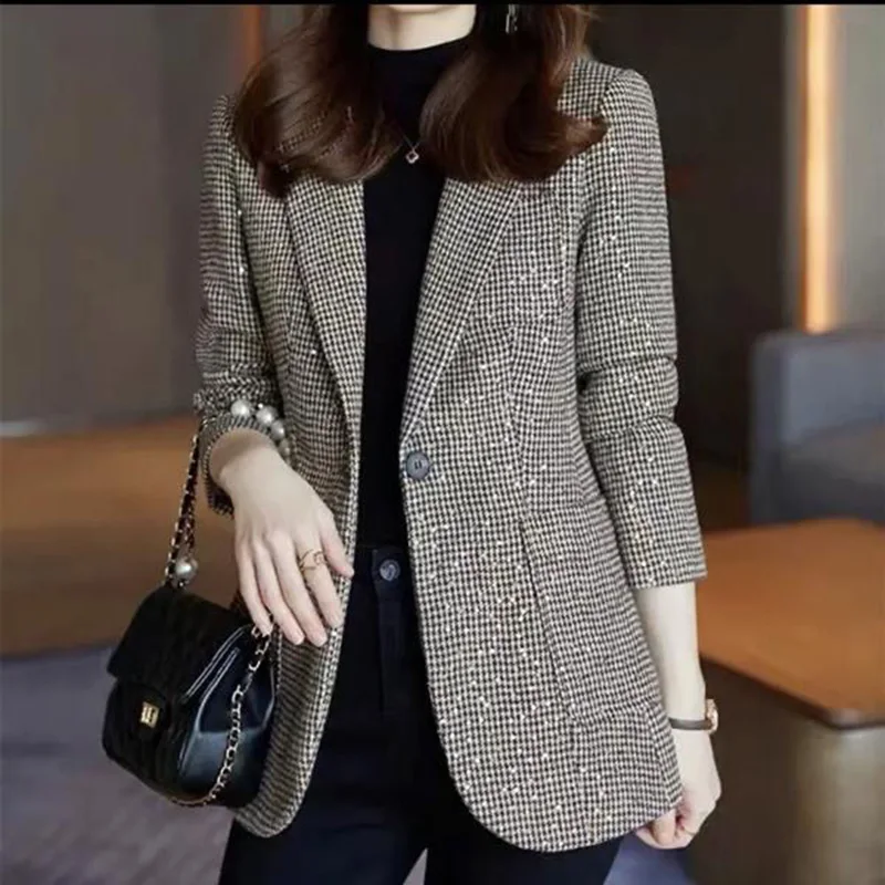 Blazer de treliça de lantejoulas feminino, elegante lapela, botão, bolsos emendados, tops casuais, blazers de senhora do escritório, roupa nova,