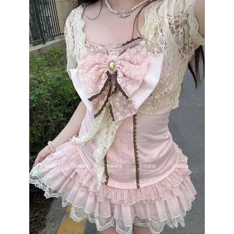 Japanese Vintage Sweet 2 Piece Set Casual Bow Lace Square Camisole Top Ruffle Mini Skirt Slim Fit Korean Party Outfit 니트 스커트