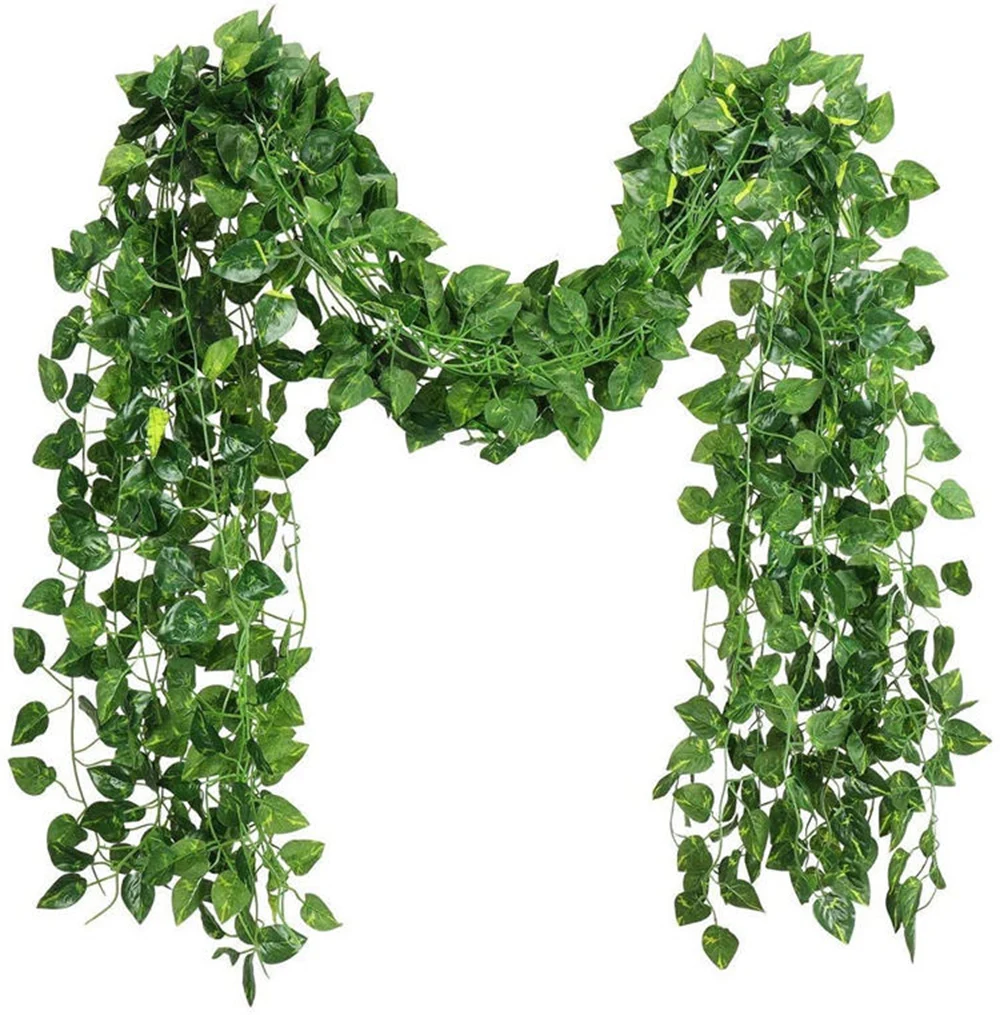 2.1M 12 Pcs Artificial Plant Green Ivy Leaf Garland Silk Wall Hanging Vine Home Garden Decoration Wedding Party Fake Leaves