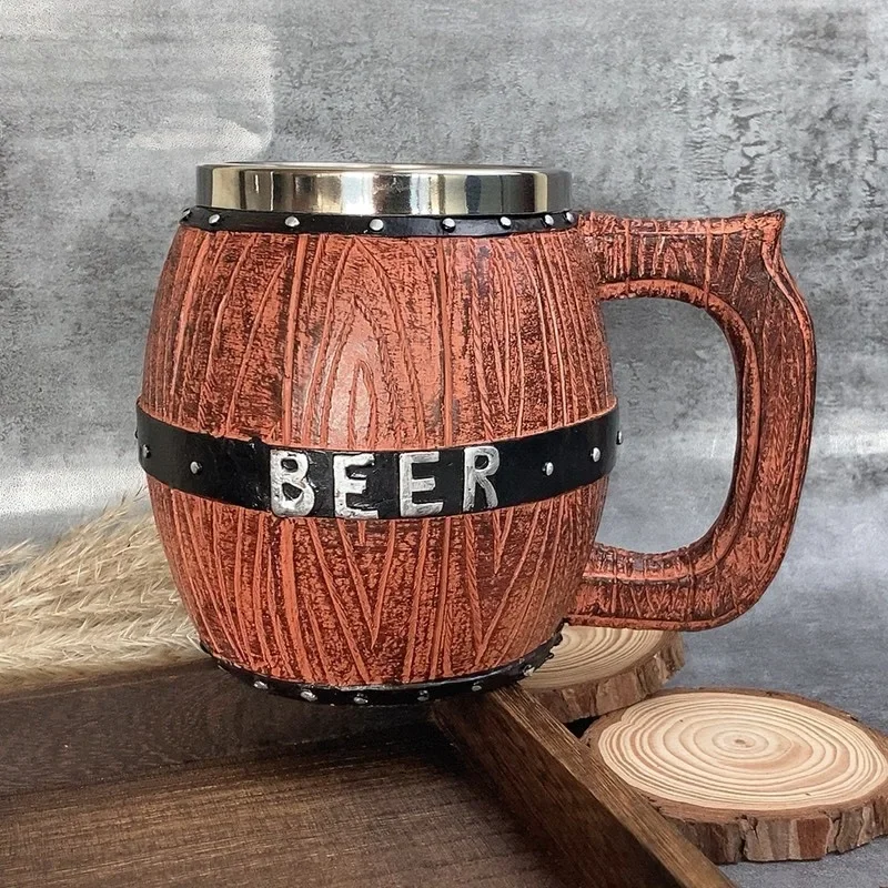 

Large-capacity Imitation Wood Barrel Beer Mug Resin Stainless Steel Liner Coffee Mug Creative Viking Style Mug Bar Wine Glass