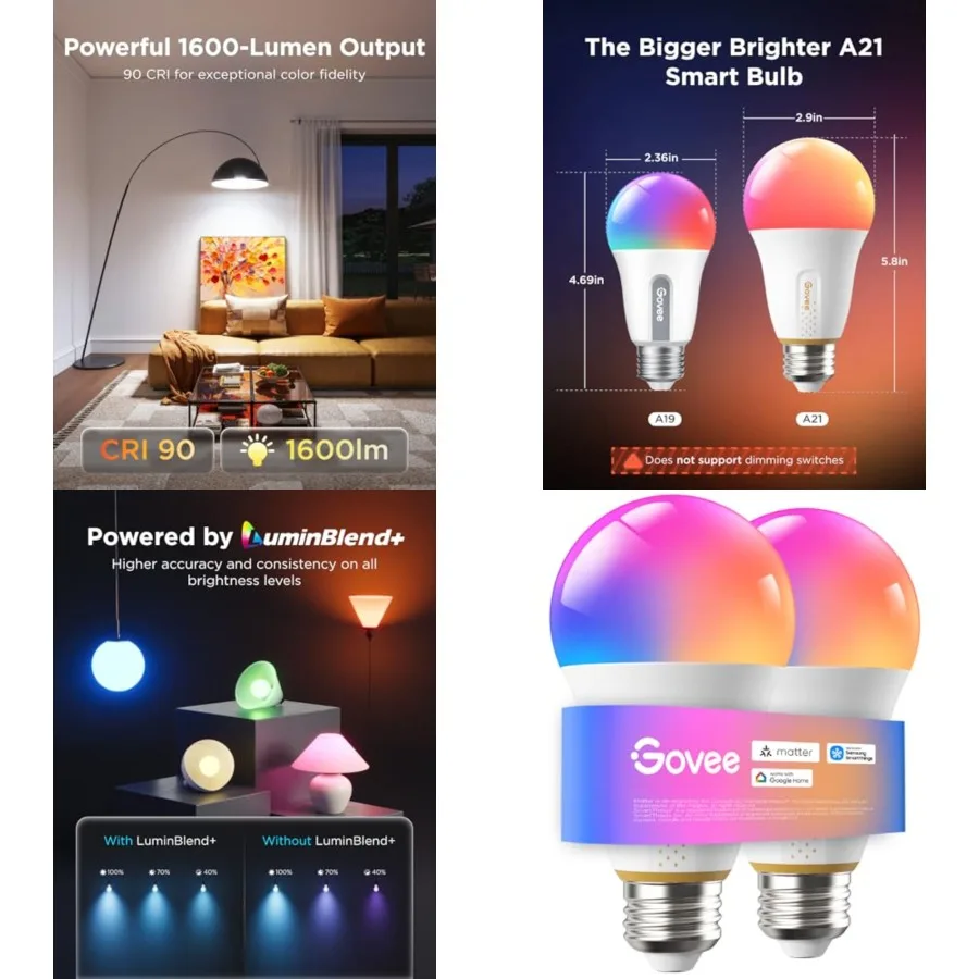 1600 Lumens Smart Light Bulbs, A21 LED Bulbs 100W Equivalent for Living Room, RGBWW Color Changing Light Bulbs Compatible with