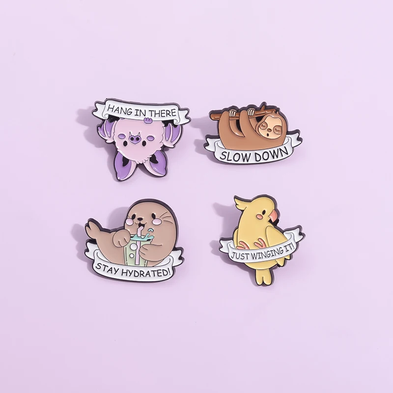 Funny Cartoon Animal Enamel Pins Sloth Slow Down Brooches Lapel Badge Cute Bat Otter Stay Hydrated Lapel Badge Gift for Frineds