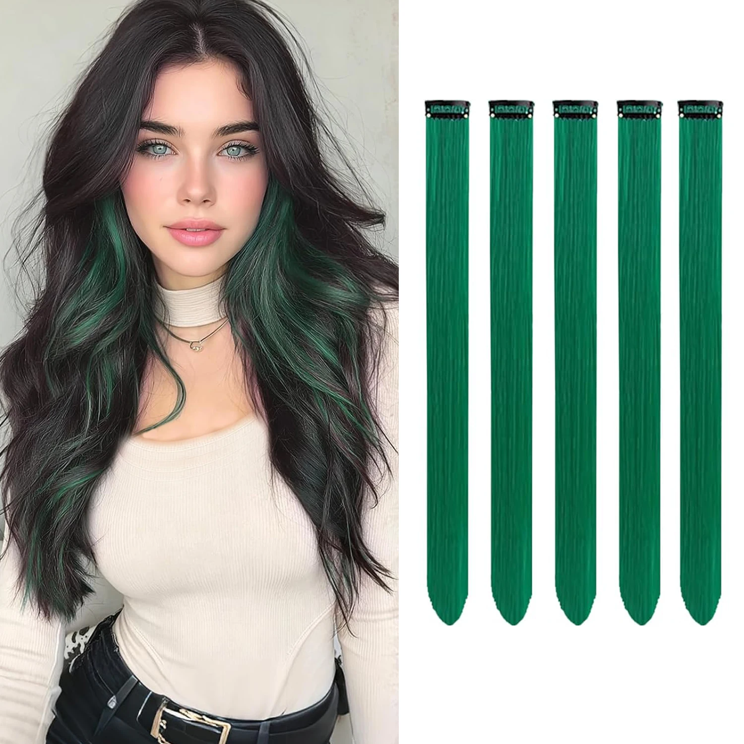 Green Hair Extensions Clip in Dark Green Synthetic Hairpieces 5 PCS 20 Inch Colored Highlights Hair Pieces Long Straight