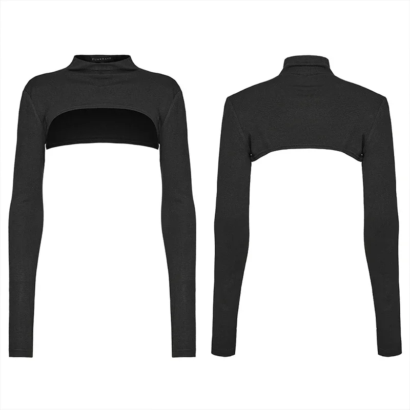 PUNK RAVE Punk Minimalist Soft Elastic Knitted Long Sleeve T-shirt Ultra Short Body Slim Finger Holes Black Tees Tops