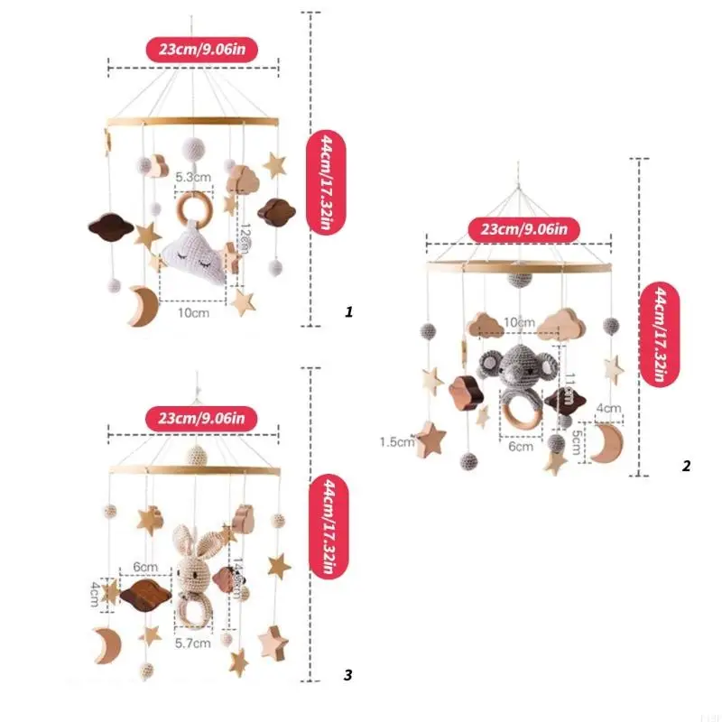 아기 감각 발달 및 보육 장식 F19F를위한 젖니 딸랑이 디자인과 나무 크로 셰 뜨개질 동물 어린이 침대 모바일 장난감