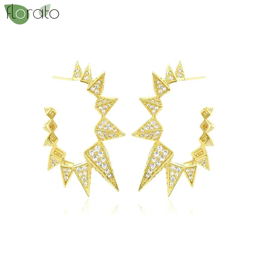 925 Sterling Silver Needle Fashion Punk Style Rivet Gold Color Big Earrings 2024 New Crystals Hoop Earrings for Women Jewelry