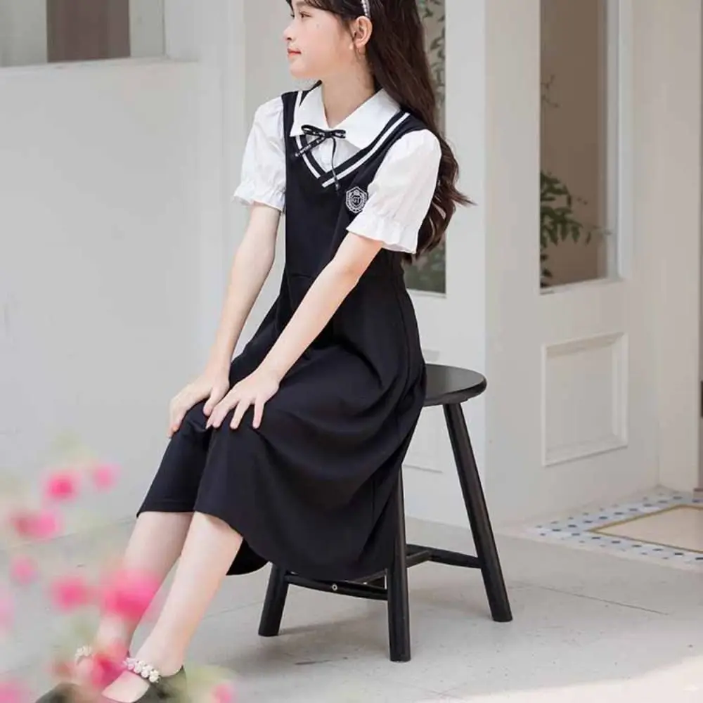 

Sweet Pleated Fake Two Pieces Dress Bow Short Sleeve Summer Kids Dresses Teenagers Beach Vacation Children A-line Skirt Beach