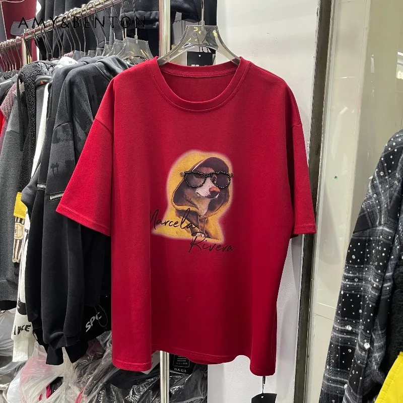 

2025 Winter New Loose Slimming Versatile O-Neck Thickened Top Cartoon Dog Heavy Craft Short Sleeved Women's Casual Loose T-shirt