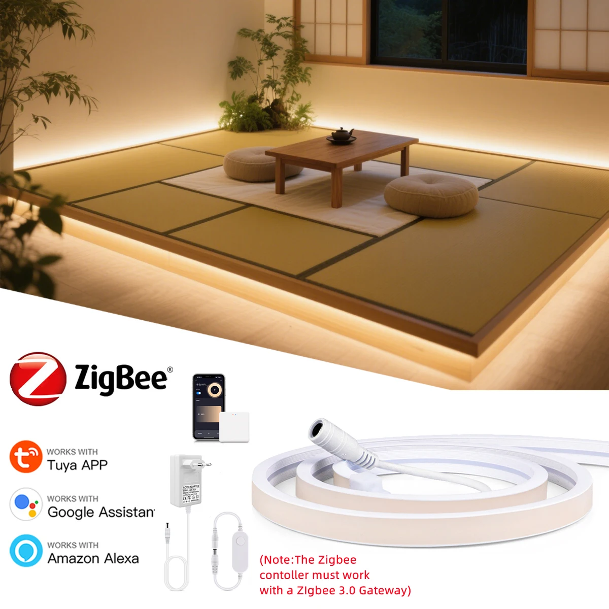 1M-5M Zigbee 3.0 LED Strip DC 12V Linear Dimmable Neon Tape RA90 320LEDs/m untuk Kontrol Aplikasi Tuya Alexa Google Voice