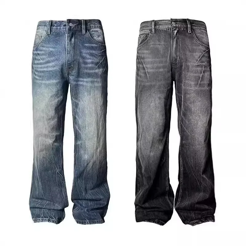 Men's Dark Blue Lightning Burst Pattern Baggy Jeans Casual Loose Washed Straight Micro Flare Denim Pants