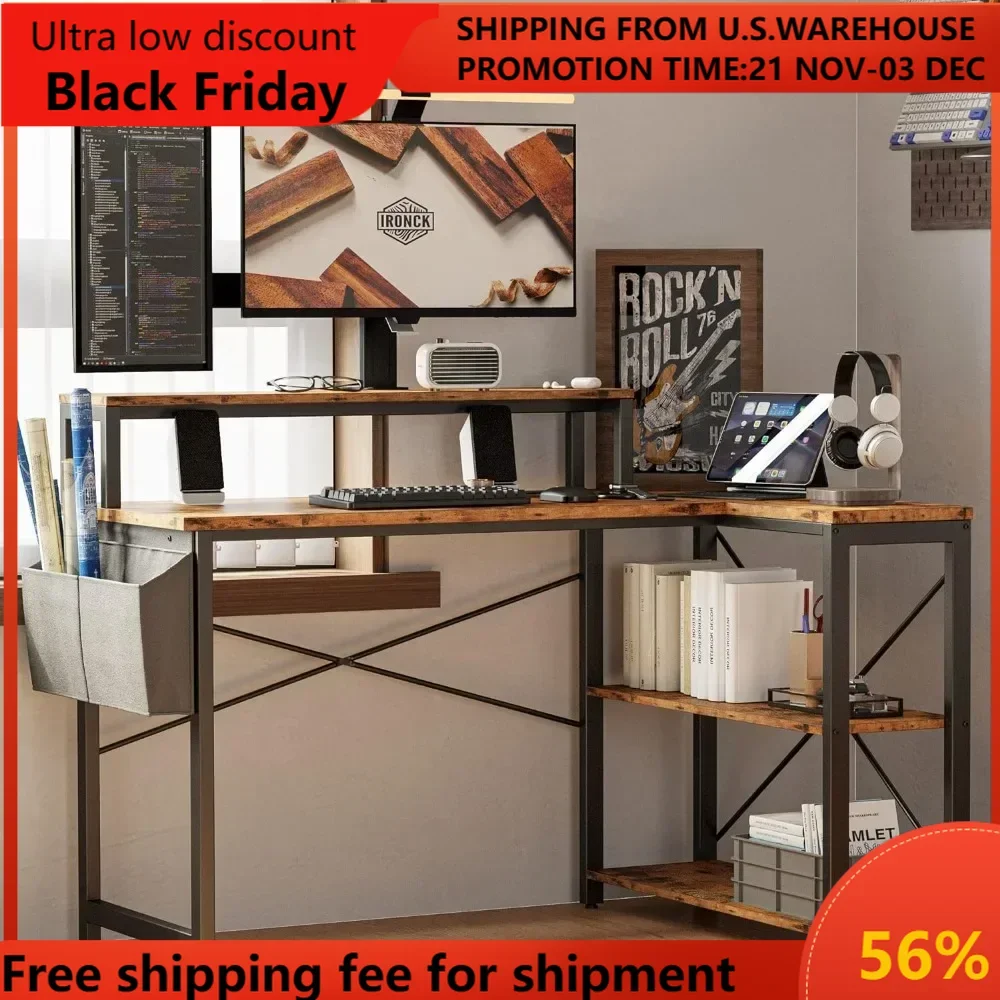 

L Shaped Desk with Charging Station and Storage Shelves, 47 inch Corner Computer Desk with Monitor Stand, Writing Table for Home