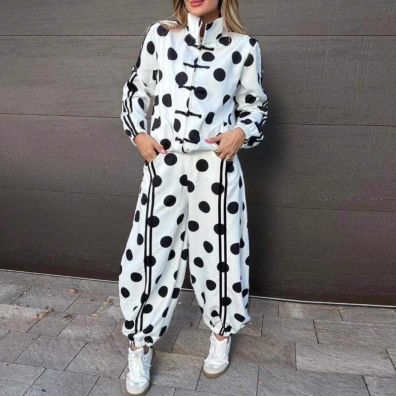 Women Casual Long Sleeve Loose Long Pant Outfits Elegant Pattern Print Suits Fashion Stand Collar Zip Coat & Pants Autumn Sets
