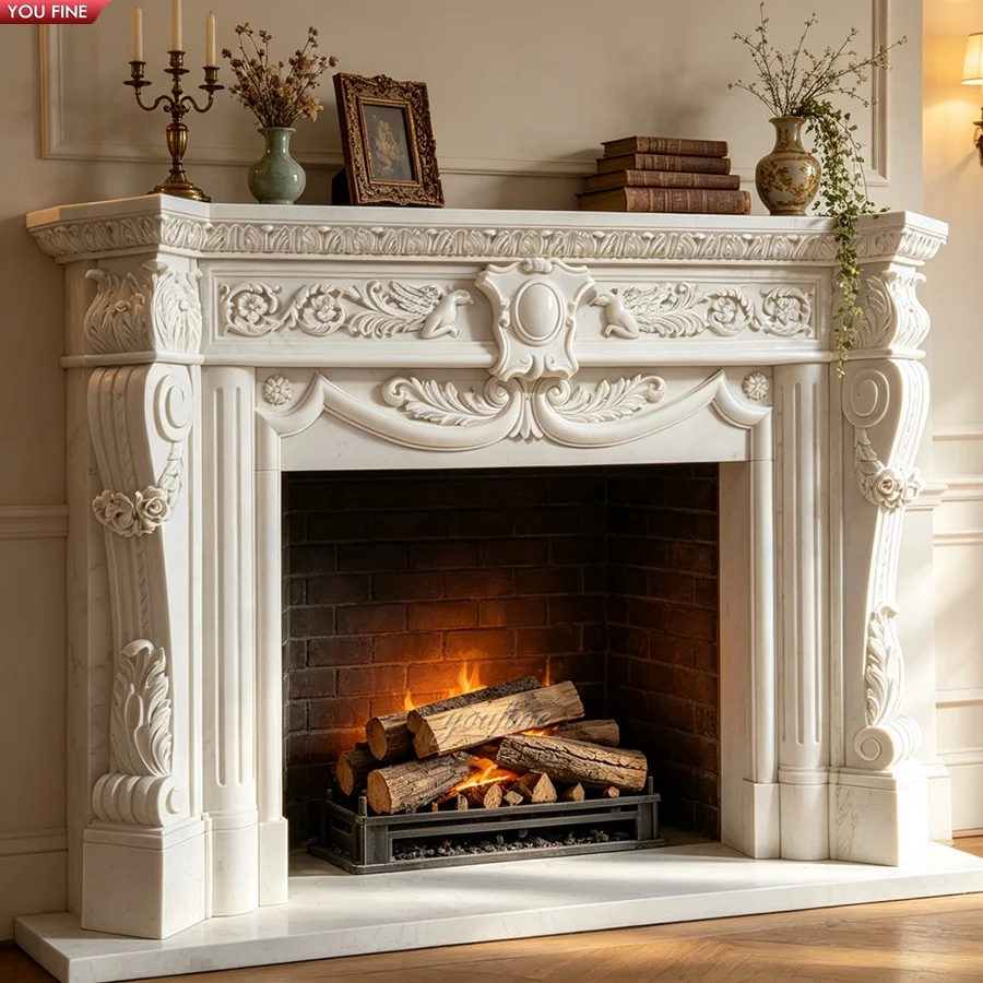 YOUFINE Hand Carved White Marble Fireplace Mantel Classical Baroque Style Carved Cartouche Fireplace Surround For Villa Hotel