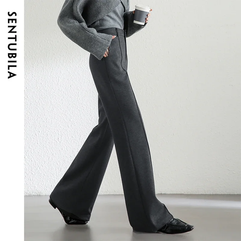 SENTUBILA Wool Blend Flare Pants Women Winter Thick Warm Trousers 2024 High Waist Office Lady Fashion Casual Pants 144K57322