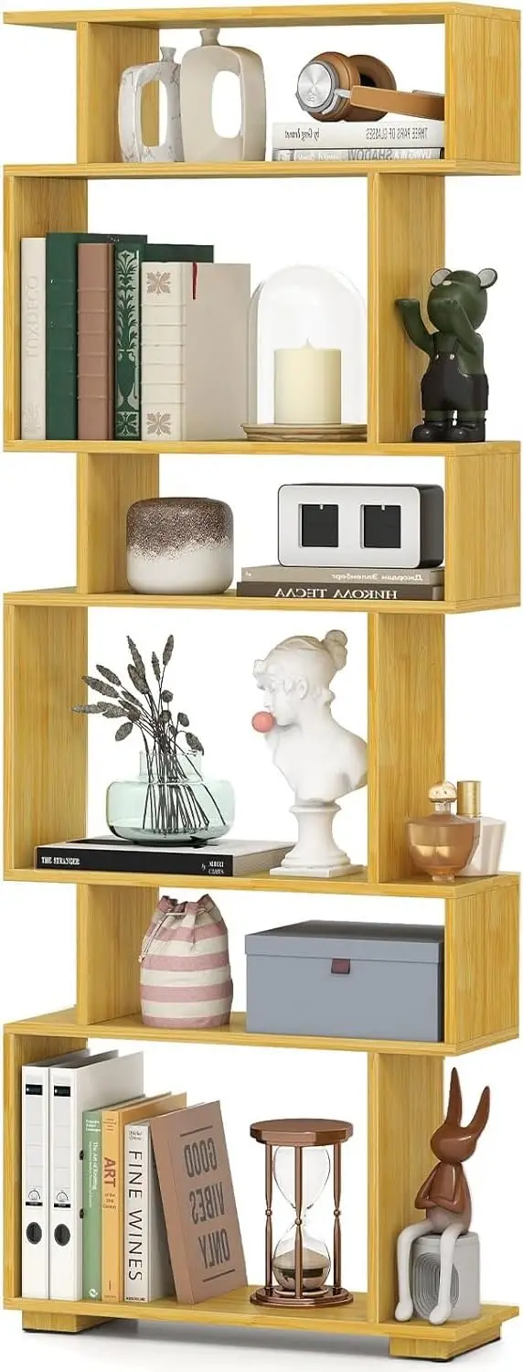 S-Shaped 6-Tier Bookshelf Geometric Bookcase Room Divider Display Shelf Anti-Tip Living Room Bedroom Office, Customized