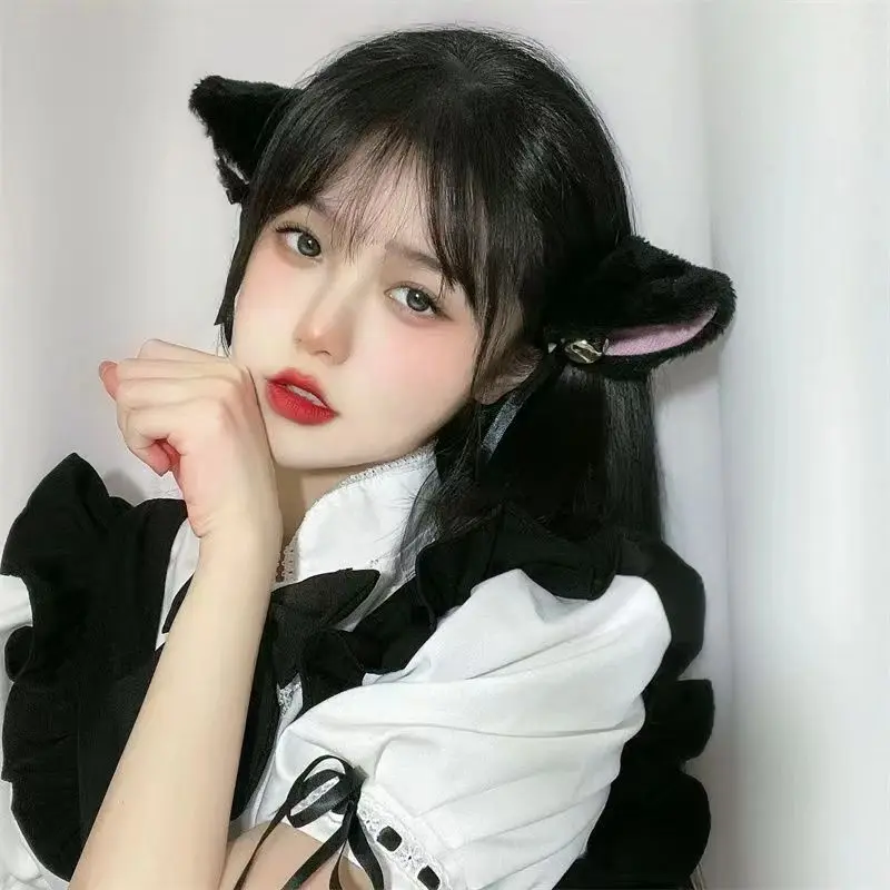 1 Pair of Enchanting Girls\' Lolita Bell Bow Cat Ear Hair Clips Sweet Fluffy Cosplay Party Essentials for Women Babies Hair Clips