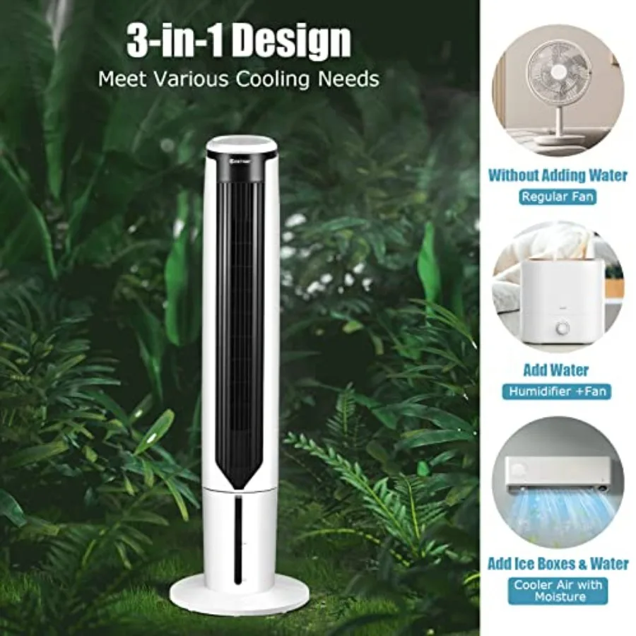 Portable Evaporative Air Cooler for Home Office Bedroom, Plastic Body, White, Quiet 41-inch Oscillating Bladeless Design with R