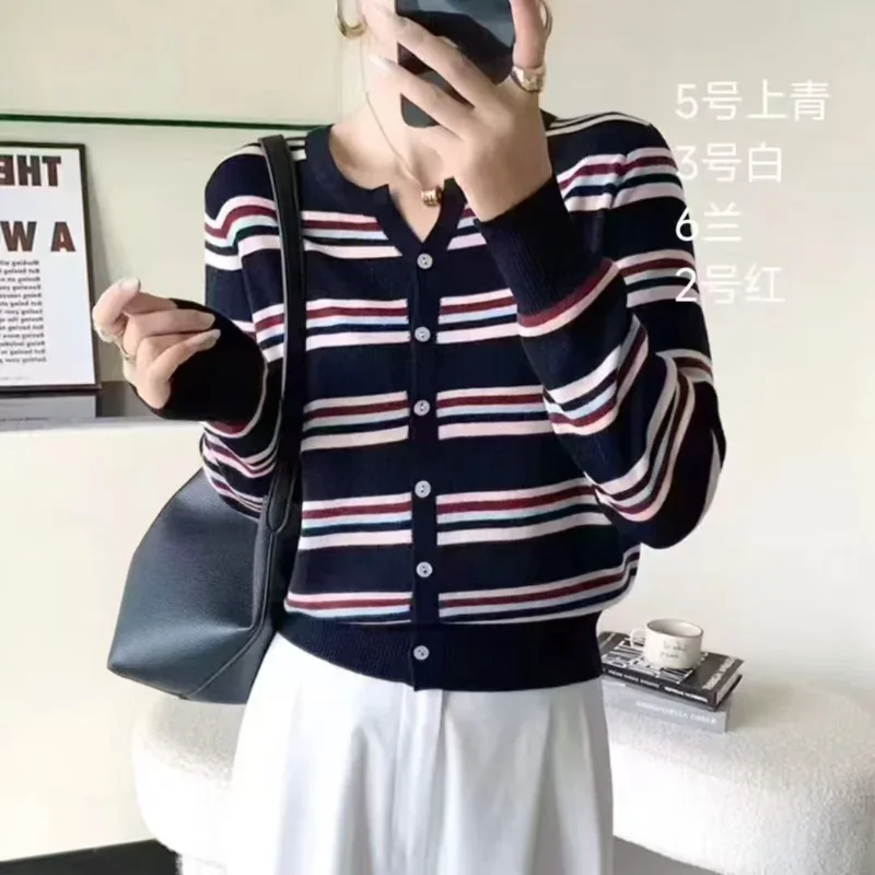 

Кардиган для женщин, новый тонкий женский верхний топ в полоску, простой вязаный топ с v-образным вырезом и длинными рукавами