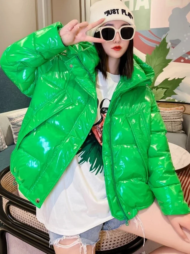 

Candy Color Down Cotton Jacket Hooded Glossy Cotton-Padded Coat Warm Parkas Winter Y2k Casual Long Sleeve Cotton-Clothes Women
