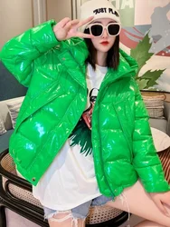Candy Color Down Cotton Jacket Hooded Glossy Cotton-Padded Coat Warm Parkas Winter Y2k Casual Long Sleeve Cotton-Clothes Women