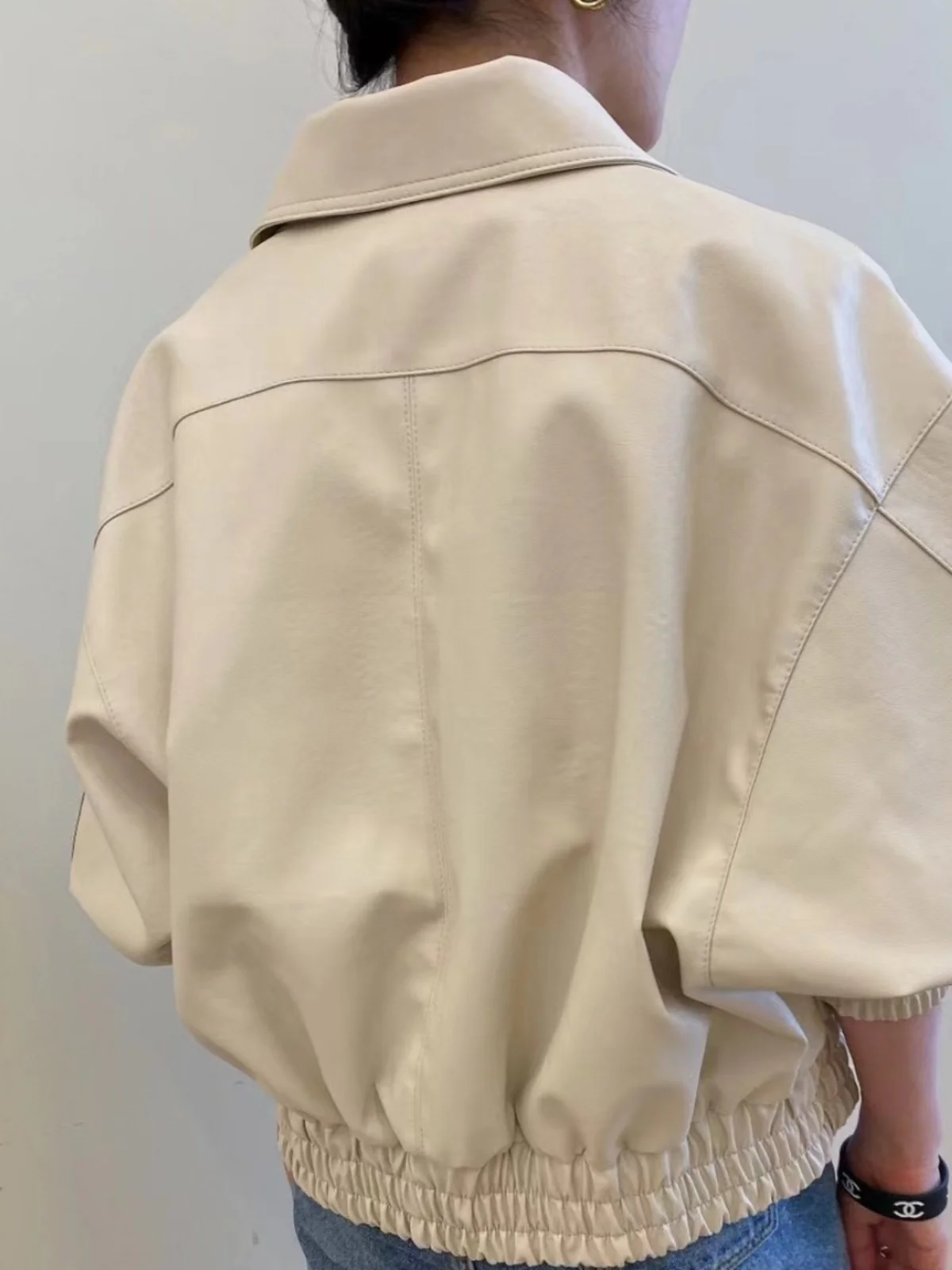 Faionable motocicleta sle couro jaet feminino primavera outono solto ajuste ort gola superior hong kong sle retro