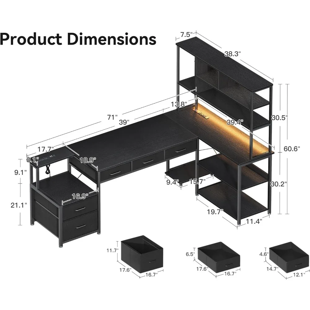 71 inch L Shaped Desk with File Drawers, Reversible L Shaped Gaming Desk with Power Outlets & LED Lights, Computer Desk