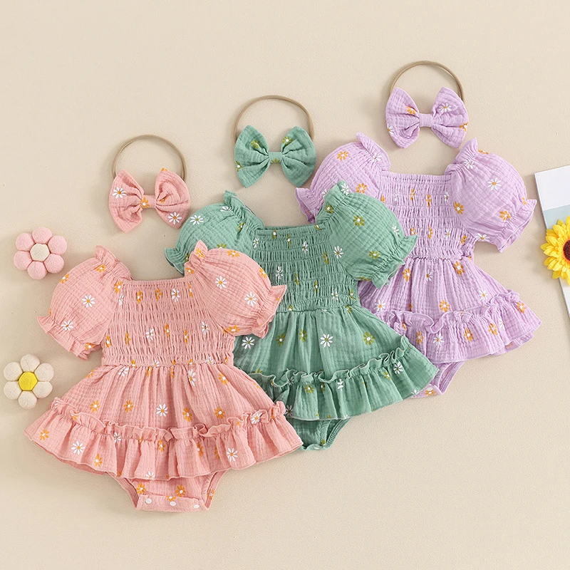 

Baby Girl Romper Dress Daisy Print Short Sleeve Jumpsuit with Cute Headband Set Summer Clothes 2 Piece Outfits