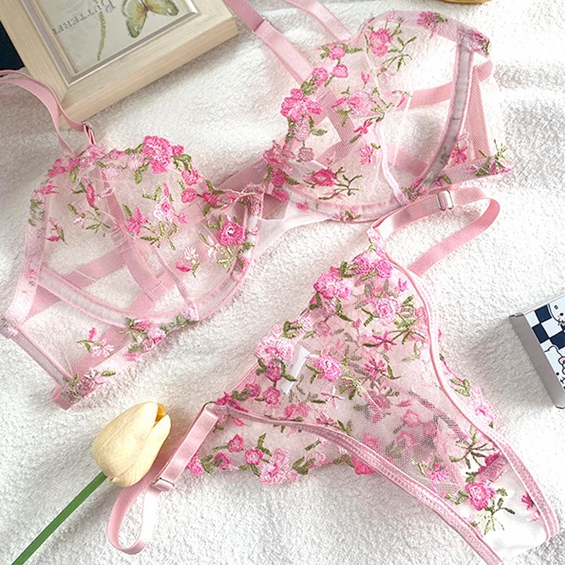 Super beautiful floral embroidery lingerie sweet sexy mesh bra set fresh flowers girl pure desire underwear female