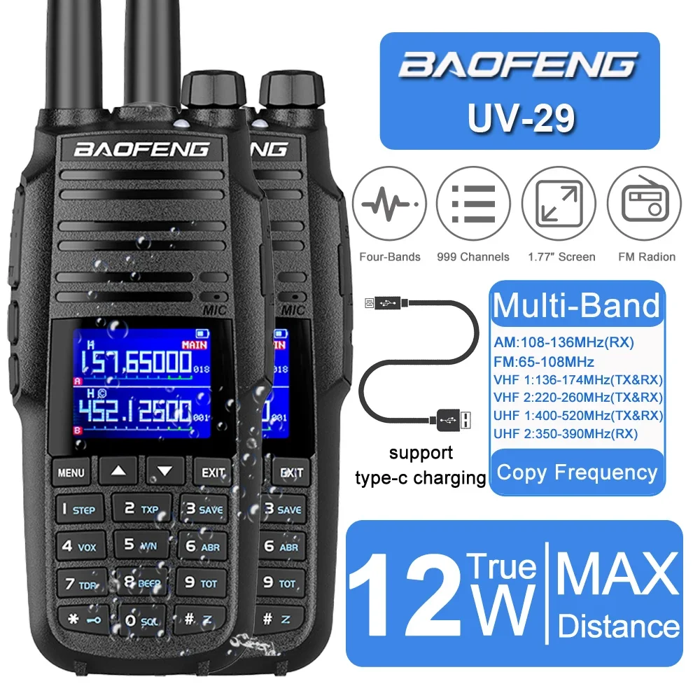 2pcs Baofeng Walkie Talkie Long Range Powerful Wirless Copy Frequency Multi Bands 999CH FM Two Way Ham Radio Type C Charge UV-29