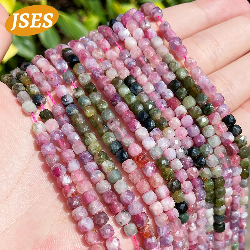 AA Natural 4mm Colorful Tourmaline Faceted Cube Beads Loose Gemstone Beads for Jewelry Making Spacer Strand Bead DIY Bracelet