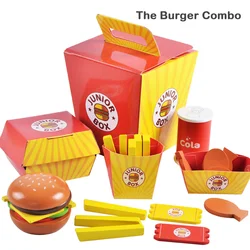 Children's simulation food toy set, wooden simulation burger, fries, wooden blocks, role-play, kitchen/shop, early learning toys