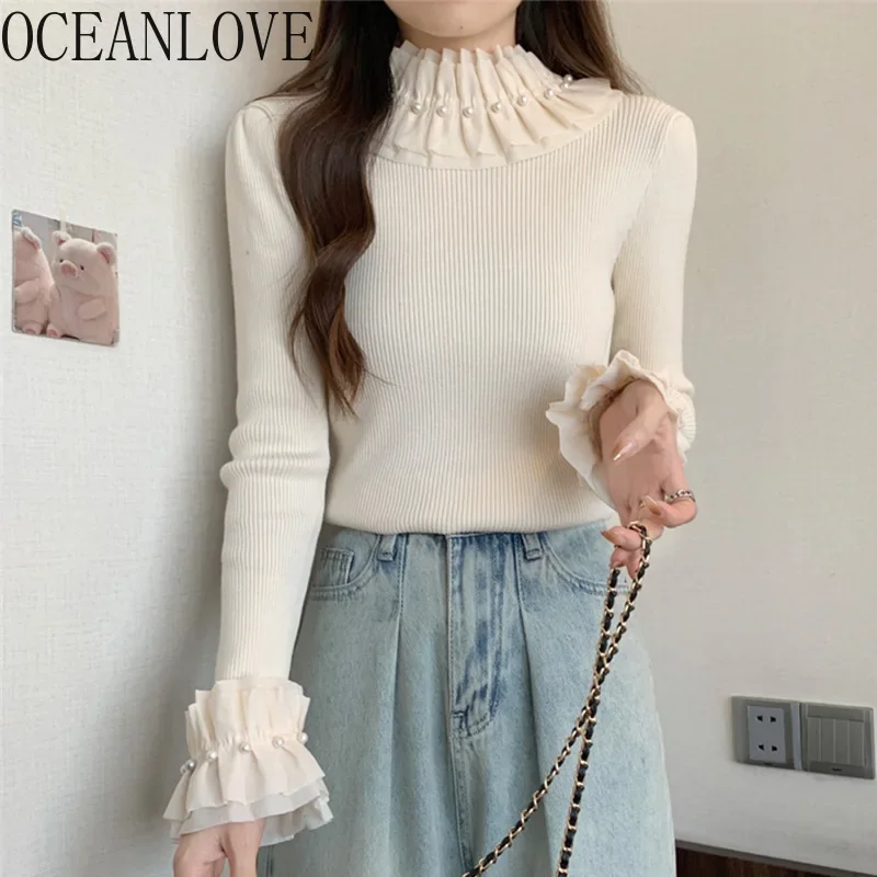 OCEANLOVE Ruffles Women Sweaters Autumn Winter Beading Elegant Pullovers Korean Fashion Half High Collar Sweet Pull Femme