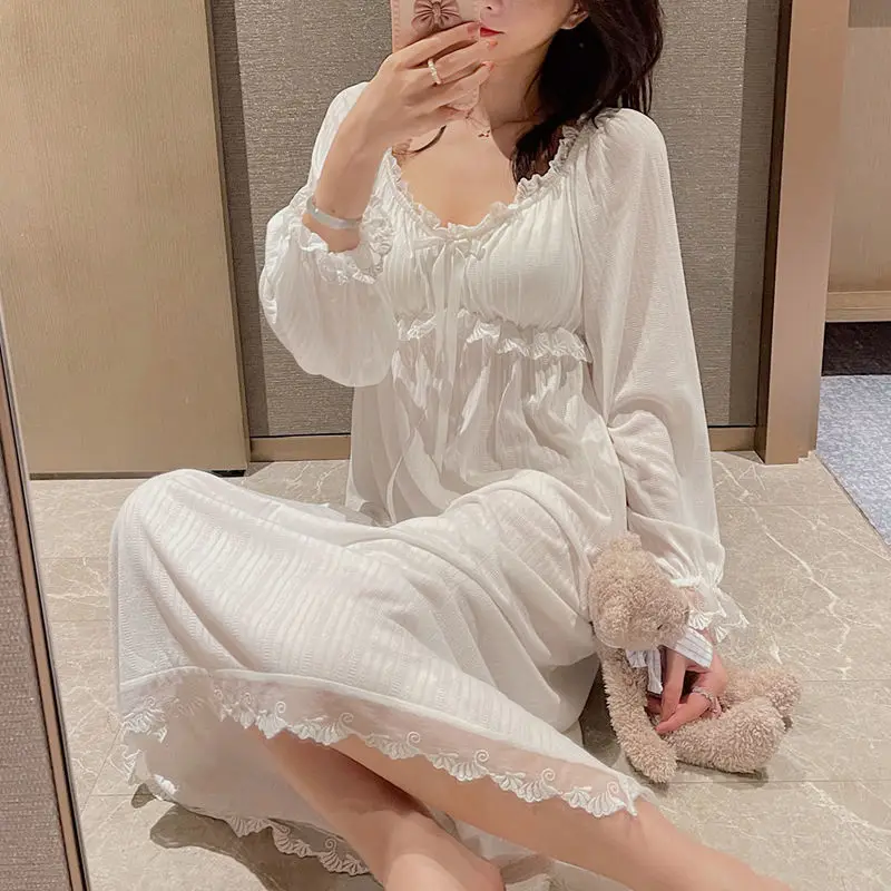 Women Nightgowns Lacework Gentle Nightie Square Collar Retro Elegant Draped Calf-length Sleepwear Cozy Long Sleeve Nightdress