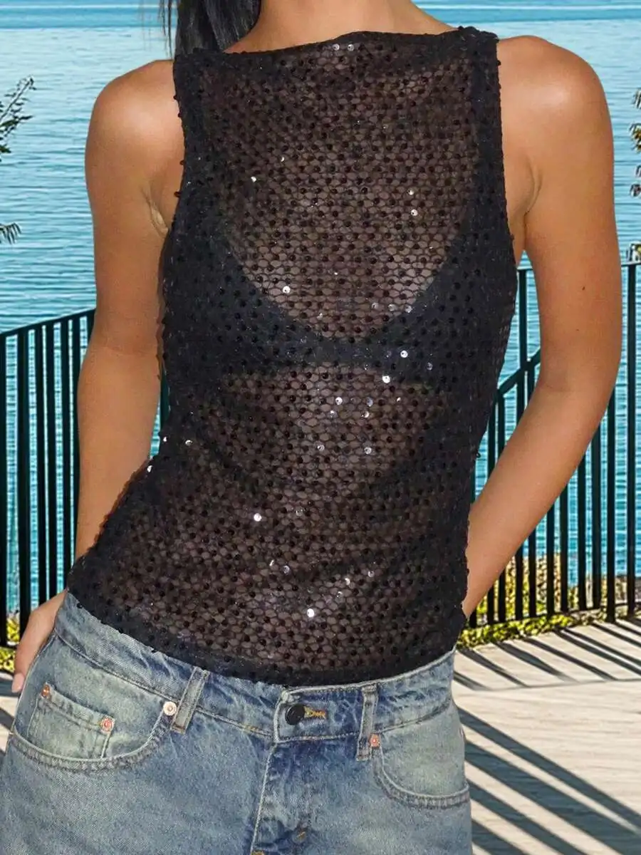 

Womens Sequin Sheer Sleeveless Tank Top Slim Fit Casual Vest For Summer Spring