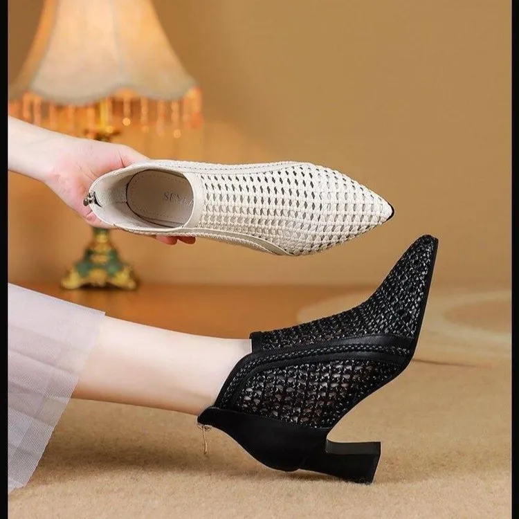 

Женские модные ботинки 2026 Весна-Лето: Новые, с острым носком, на массивном каблуке, дышащие, с вырезами, короткие, сетчатые, на высоком каблуке