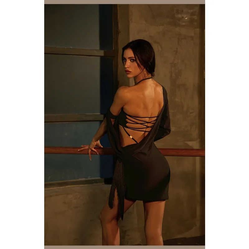 customized ZYM dress with slanted shoulders Latin dance suit training suit tailcoat tassel dress for women samba tango rumba set