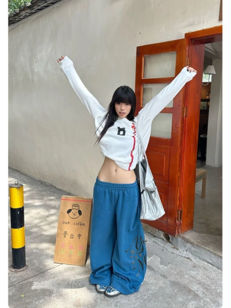 Pantaloni casual da ragazza piccante retrò americana con lettera stampata a gamba larga con coltello curvo autunno/inverno Y2K Pantaloni da strada per ragazza piccante Harajuku