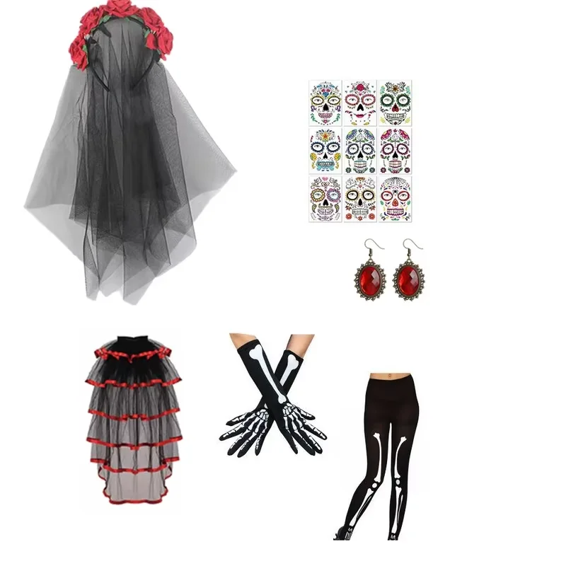 

PESENAR Halloween costume accessories: rose veils, earrings, skull gloves and leggings, creating a ghostly fashion appearance