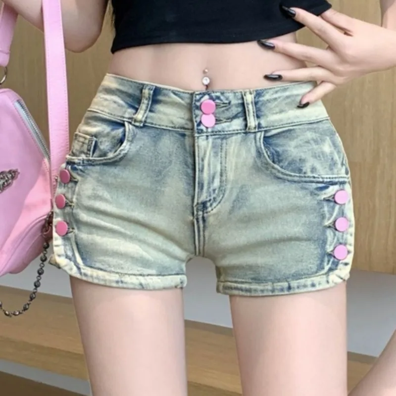 Shorts jeans Y2K para mulher, lavado, estilo americano, retrô, sexy, botão, rua alta, magro, cintura baixa, moda, verão, garotas quentes