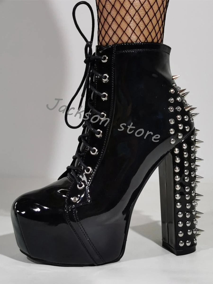 Black Patent Leather Rivet Cross Strap Fashion Martin Boots Chunky Heel Round Toe Women Ankle Boots Thick Sole Short Boots