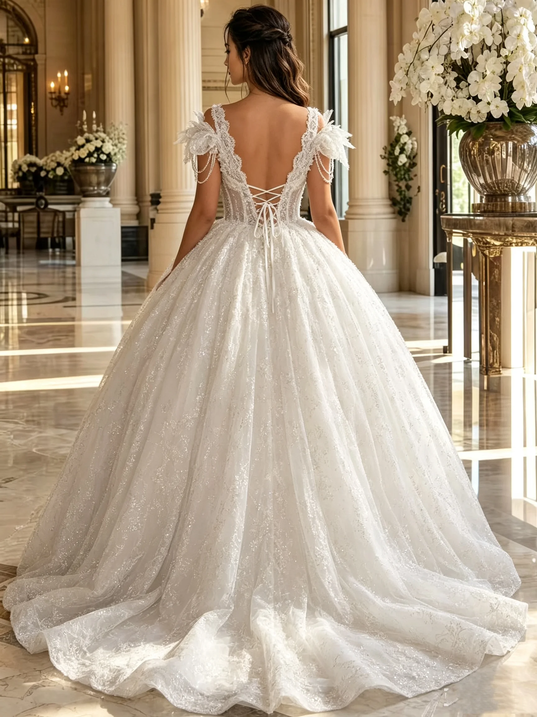 Off-the-Shoulder Ballgown Wedding Dress V-Neck Feather Lace Bodice Corset Sequins Lace Chapel Train Bridal Gown Custom Vestido