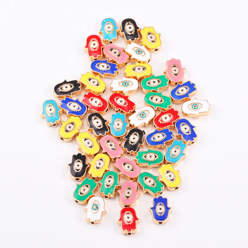 

10Pcs Fashion Bohemian Fatima Palm Drip Oil Devil's Eye Alloy Spacer Beads Charm for Jewelry Making Women's Bracelet Necklace
