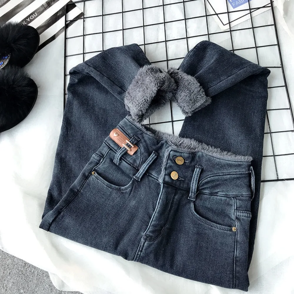 Front Pocket Jeans for Women 2 Buttons High Waisted Plush  thicken Jeans 2023 Korean Fashion Streetwear Denim Pants Blue Black