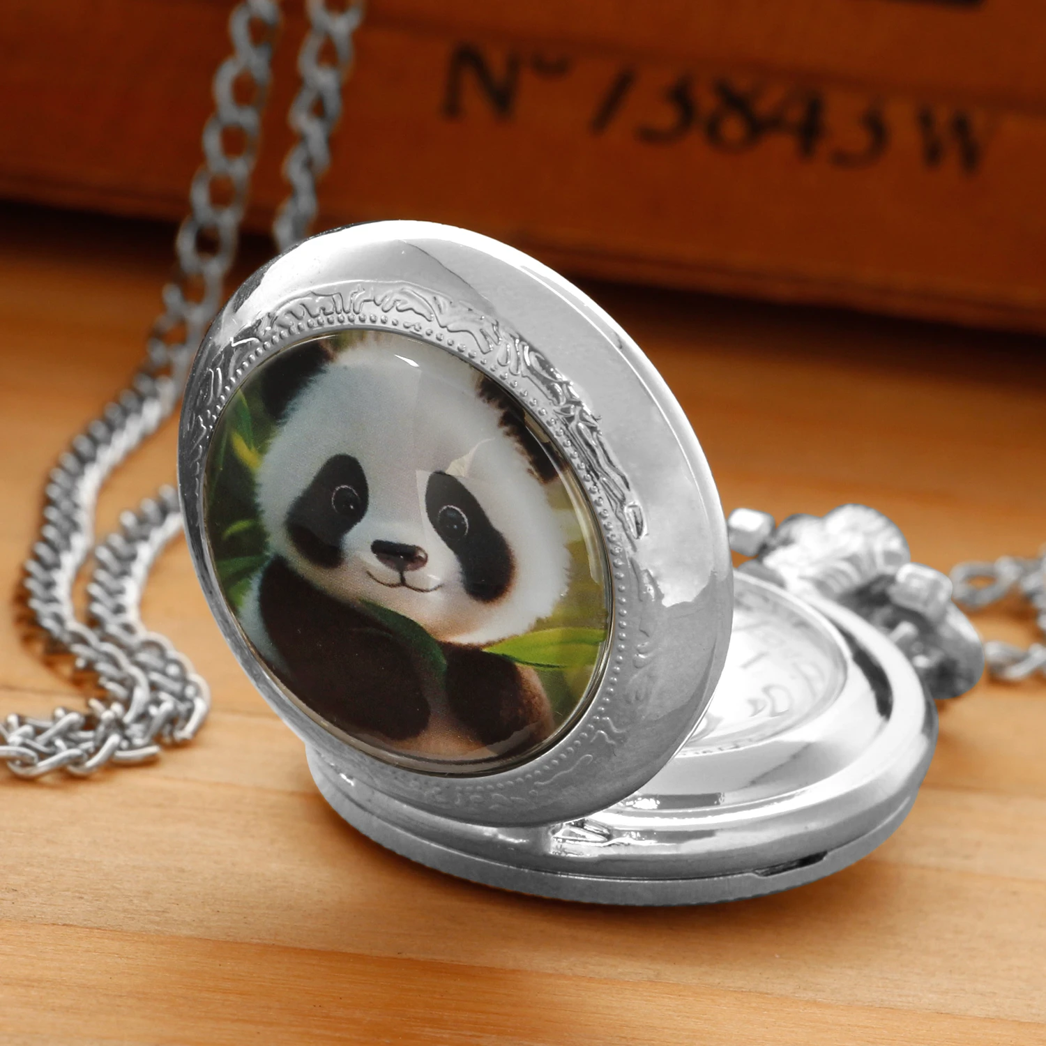 Silver Stainless Steel Cute Panda Glass Dome Quartz Pocket Watch Necklace Kids Children Jewelry Pendant Chain Clock Gift